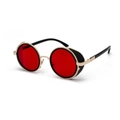 Steampunk round sunglasses with red lenses, gold metal frame, and black side shields - Gold Frame Ocean Red