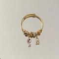 Adjustable golden bangle with pink crystal key charm and sparkling star lock pendant - Peace Sign Heart Style (B1189-2)
