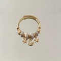 Gold wire bangle with star, moon charms, pink beads, and adjustable clover accents - Butterfly Leaf Style (B1189-6)
