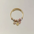 Golden cable bracelet with pink crystal heart and enamel flower charms for women - Colorful Bee Style (B1189-7)