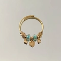 Golden multi-strand coil bracelet featuring light blue beads and heart charms - Evil Eye Wing Style (B1189-10)