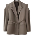 Detailed view of coffee brown tailored blazer with padded shoulders and waist tie belt - Camel