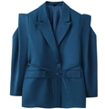 Detailed view of dark teal blazer featuring structured shoulders and cutout design - Sapphire Blue