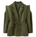 Detail of olive green blazer with structured cutout shoulders and waist tie belt - Green