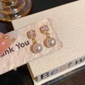 Elegant gold drop earrings featuring square zircon and round pearl in luxury vintage style - E6348 Gold