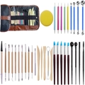 Professional clay sculpting tool set with wooden handles and black storage roll bag - 36-piece Clay Tool Set [c] / Pencil Bag