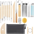 Complete 22-piece clay sculpting tool set with wood handles and black zipper storage bag - 23-Piece Pottery Tool Set Model B