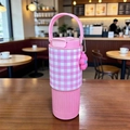 Pink stainless steel insulated tumbler with pink check silicone sleeve and floral charm - Pink Plaid