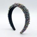 Detailed side view of padded headband with colorful crystal beads and velvet lining - Multicolor