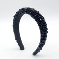 Close-up of handmade thick headband with black faceted crystal beads and velvet lining - Black