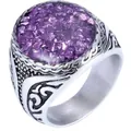 Men's punk style silver ring featuring a round inlay of purple crushed crystals - Steel Color + Purple