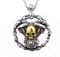 Biker skull engine necklace with gold skull and silver motorcycle chain ring pendant - Two-tone Style