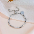 High-quality titanium steel adjustable beaded bracelet featuring a polished heart charm for women - Steel Color Round Tag Slider Bracelet (M302)