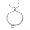 Adjustable stainless steel bead bracelet featuring a polished heart-shaped charm pendant - Steel Color 3D Heart Slider Bracelet (M312)
