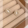 Elegant S925 silver stud earrings featuring oval cat eye stone and pearl halo detail - Oval Cat's Eye Pearl Earrings - A1207 Gold