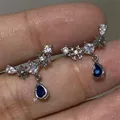 S925 silver earrings with star accents and teardrop dark blue zircon pendants - Blue Zircon Star Teardrop Earrings - E5324 Silver
