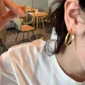 S925 silver pearl stud earrings featuring large gold hammered texture hoop design - Matte Plain Hoop Earrings E6802 Gold