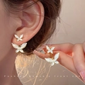 Elegant s925 silver double butterfly pearl earrings in gold finish and cat-eye stone - Super Fairy-like Earrings With Back Ornament - A2229 Gold