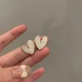 Elegant s925 silver heart stud earrings with white enamel finish and gold trim - French Vintage Heart Earrings - A451 Gold