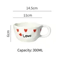 Ceramic wave cup with red hearts and Love text, 300ml capacity and dimension guide - Wavy Edge Mug / LOVE Heart