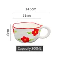 Hand-painted ceramic wave mug with red flower pattern, 300ml capacity for tea - Wavy Edge Mug / Red Flowers Green Leaves