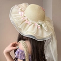 Straw beach hat with pink flowers and white organza ribbon for women summer vacation - Beige (D-623)
