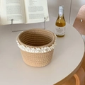 Handwoven beige cotton rope basket with white lace trim for home desk storage - Cotton Cord Basket Tall