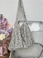 Blue and brown floral canvas tote bag with Miss label hanging on a chair - Beige Blue Brown Floral(41#)