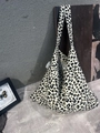 Classic black and white leopard print canvas hobo bag with wide shoulder strap and woven tag - Black White Casual Leopard(59#)