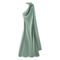 Detail of sage green satin halter neck dress showing elegant pleated shoulder texture - S / Cyan