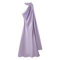 Detail of light purple satin halter dress with elegant side draping and smooth silky finish - S / Light Purple