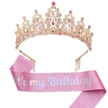 Birthday Queen set featuring pink glitter sash and rhinestone crown with gold frame - Rose Gold Pink Crystal (It's my Birthday)