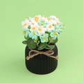 Detail von handgehäkelten Blumen in Grün und Weiß mit einem schwarzen gerippten Keramiktopf - Gradient Grün Vergissmeinnicht