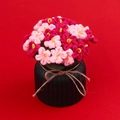 Handmade crochet pink flower bouquet in a black vase with rustic jute ribbon - Gradient Rose Red Forget-me-not