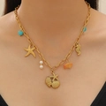 Collana a catena dorata con ciondoli stella marina, cavalluccio marino e perle - Decorazione con Perle Creature Marine (05) / Oro
