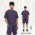 Ensemble t-shirt et short à cordon pour homme en violet foncé délavé à l'acide - S / Violet Foncé Délavé Haut