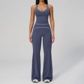 Ensemble de yoga bleu poudré pour femmes avec débardeur col V et legging évasé - S / Haut Et Bas / Bleu Foncé