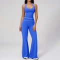 Ensemble de yoga bleu deux pièces avec coutures blanches contrastées et pantalon évasé - S / Haut Et Bas / Bleu Encre