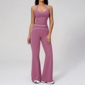 Ensemble de yoga 2 pièces avec haut licou gris-rose et legging évasé à bord blanc - S / Haut Et Bas / Violet Figue