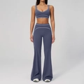 Ensemble de yoga bleu gris avec brassière à col en U et legging évasé à taille haute - S / Haut Et Bas / Bleu Foncé