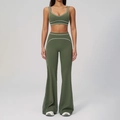 Ensemble de yoga vert olive avec liseré blanc, haut court et legging évasé - S / Haut et Bas (Soutien-gorge + Pantalon Large) / Vert Mousse Fumée