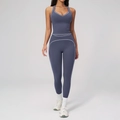 Ensemble de yoga deux pièces bleu-gris avec coutures contrastées et legging taille haute - S / Haut Et Bas / Bleu Foncé