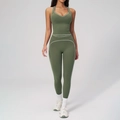 Ensemble de yoga vert olive pour femme avec bordures blanches et legging taille haute - S / Haut Et Bas / Vert Mousse Fumée