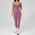 Ensemble de yoga deux pièces rose et blanc avec brassière licou et legging taille haute - S / Haut Et Bas / Violet Figue