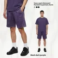 Short en coton lourd violet foncé délavé avec effet vieilli et style rétro vintage - S / Short Violet Foncé Délavé