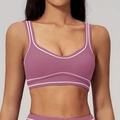Purple-pink sports bra with white stripe piping and a deep U-neck fitness design - Fig Purple