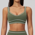 Olive green high-elastic yoga bra and leggings set with white stripe detailing - Smoke Moss Green