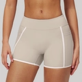 High-waisted nude-feeling yoga shorts with white contrast trim in beige color - S / Bottoms / Spruce Gray