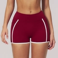 Women's burgundy high-waisted tight yoga shorts with white trim and side pockets - S / Bottoms / Retro Copper