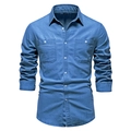 Camicia di jeans blu medio da uomo con due tasche sul petto e cuciture a contrasto - M / Blu Medio